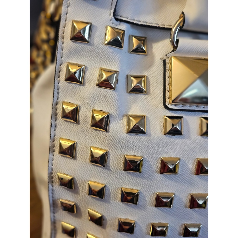 Michael Kors Hamilton Satchel White Saffiano Leather Gold Studded MK Padlock Bag - Picture 4 of 14